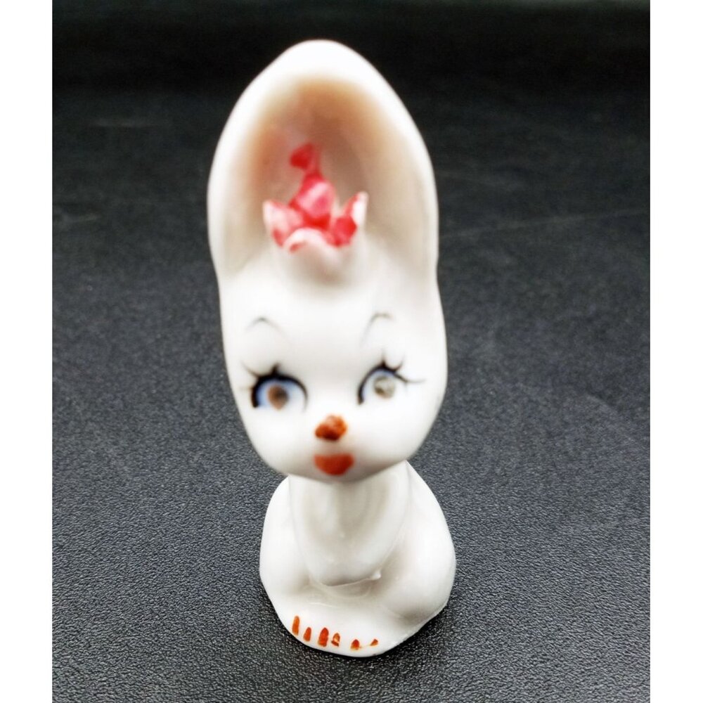 Ceramic Bunny Figurine With Pink Flower Accent Vintage 2 In Glossy Hand Painted